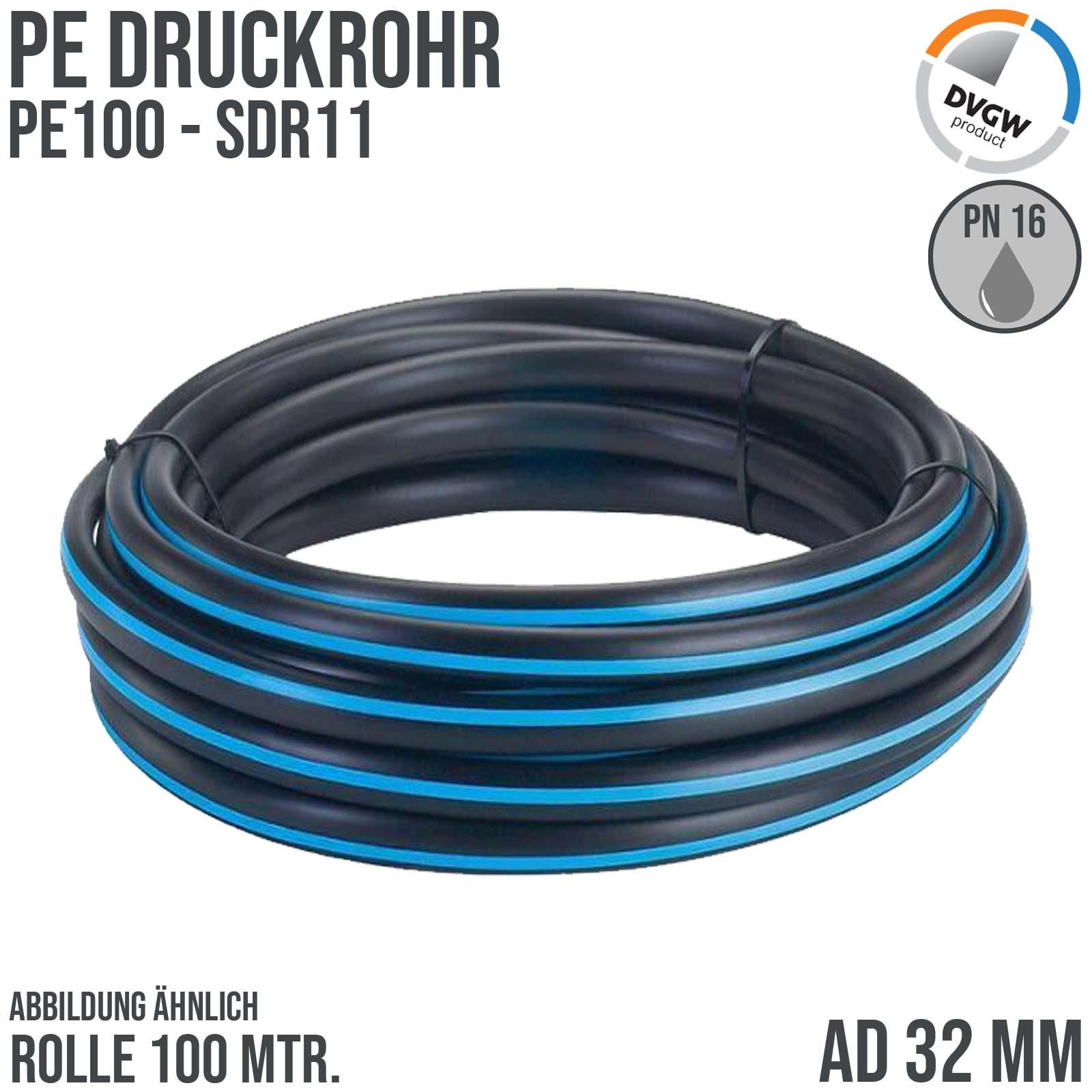 32 x 3,0 mm PE PP Rohr HD Druckrohr Trink Brauch Wasser PE 100 DVGW SDR 11 PN 12,5 bar - 100 m Rolle
