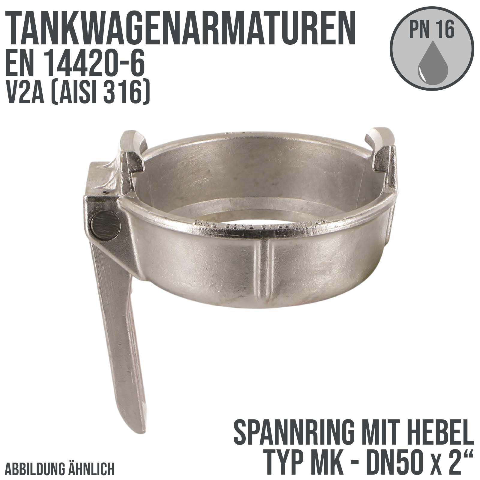 DN50 x 2" Zoll Tankwagen Spannring Typ MK mit Hebel V2A (AISI 316) - PN 16 bar