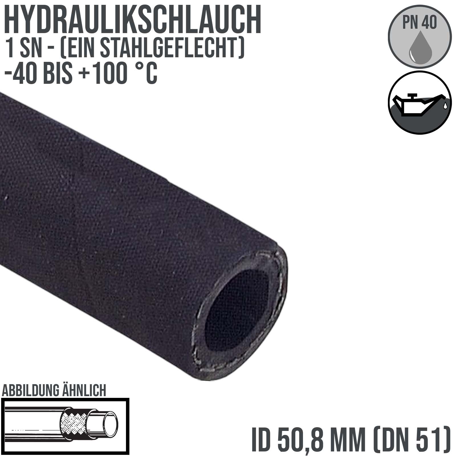 50,8 x 63,1 mm 1 SN DN 51 Hochdruck Hydraulik Wasser Kraftstoff Schlauch einfach Draht Einlage schwarz EN 853 - PN 40 bar