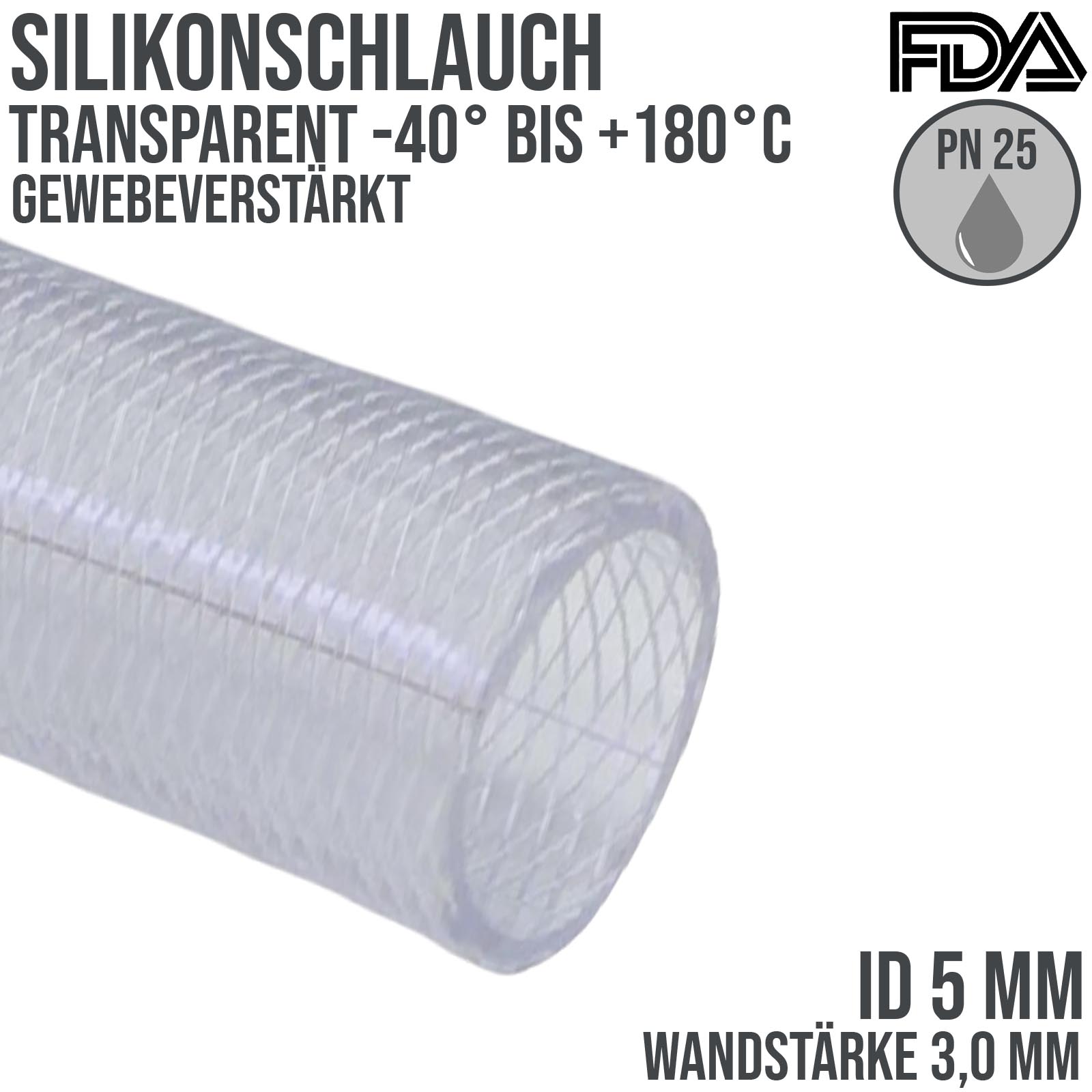5 x 11 mm Silikon Silicon Schlauch Gewebe transparent lebensmittelecht FDA PN 25 bar