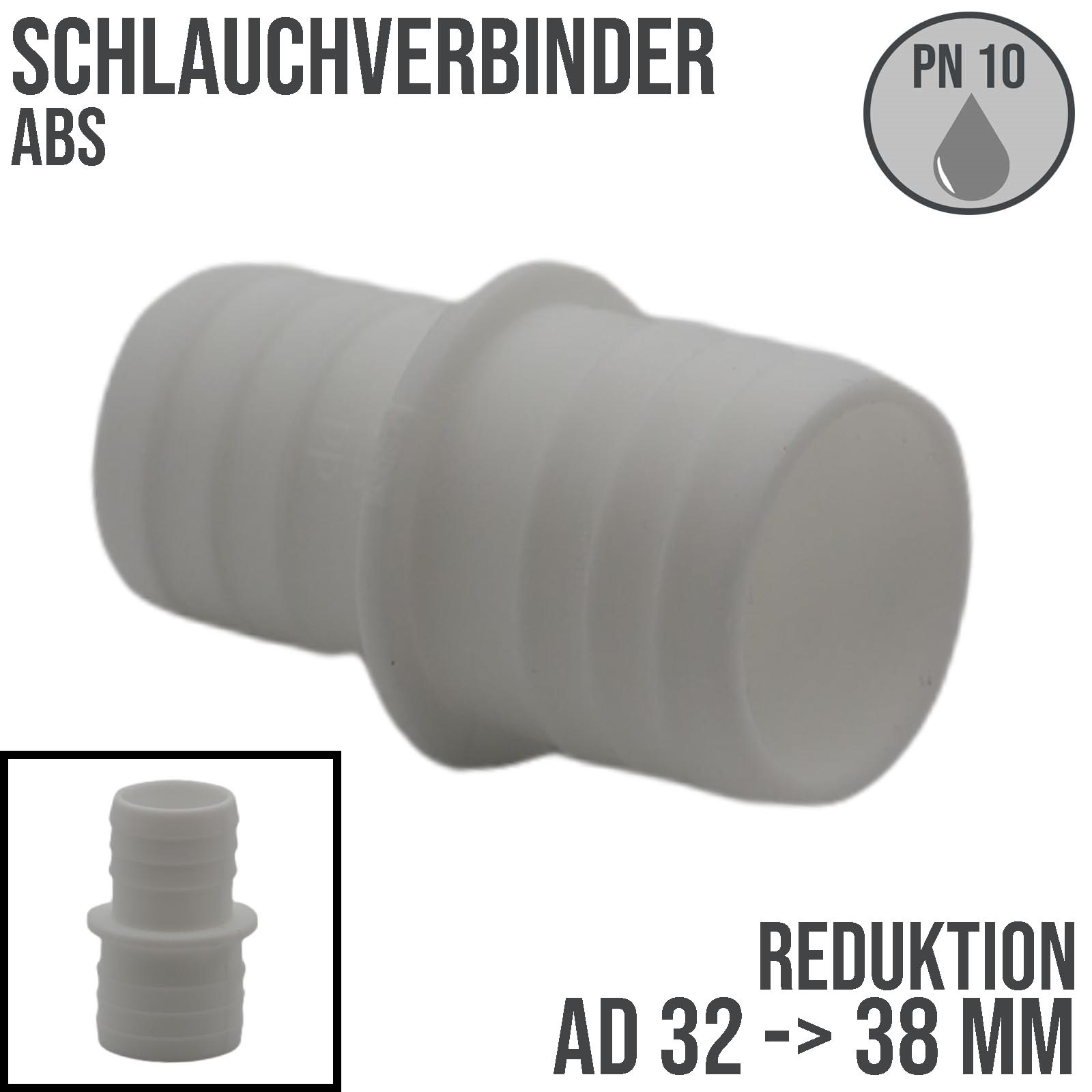 32 x 38 mm ABS Schlauch Tülle Stutzen Reduzierer Doppel Verbinder Pool Schwimmbad Teich - PN 10 bar