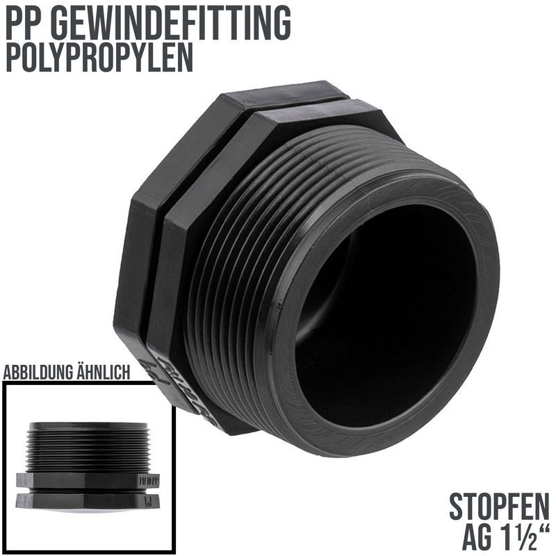1 1/2" PP Gewinde Fitting End Stopen schwarz Außengewinde IG Polypropylen - PN 10 bar