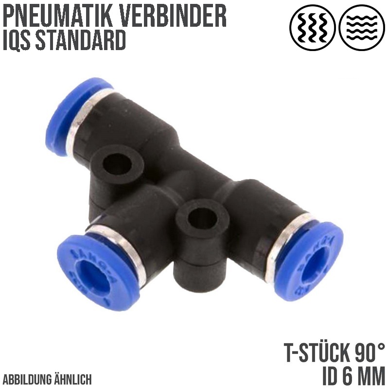 6 mm Pneumatik Steck Verbinder IQS T-Stück 90° blau/schwarz PA PU Schlauch - PN 20 bar