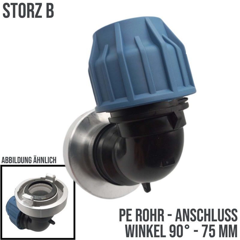 STORZ B DN 75 KA 89 Übergangsstück Adapter -> 75 mm PE Winkel 90° Rohr Klebeschlauch