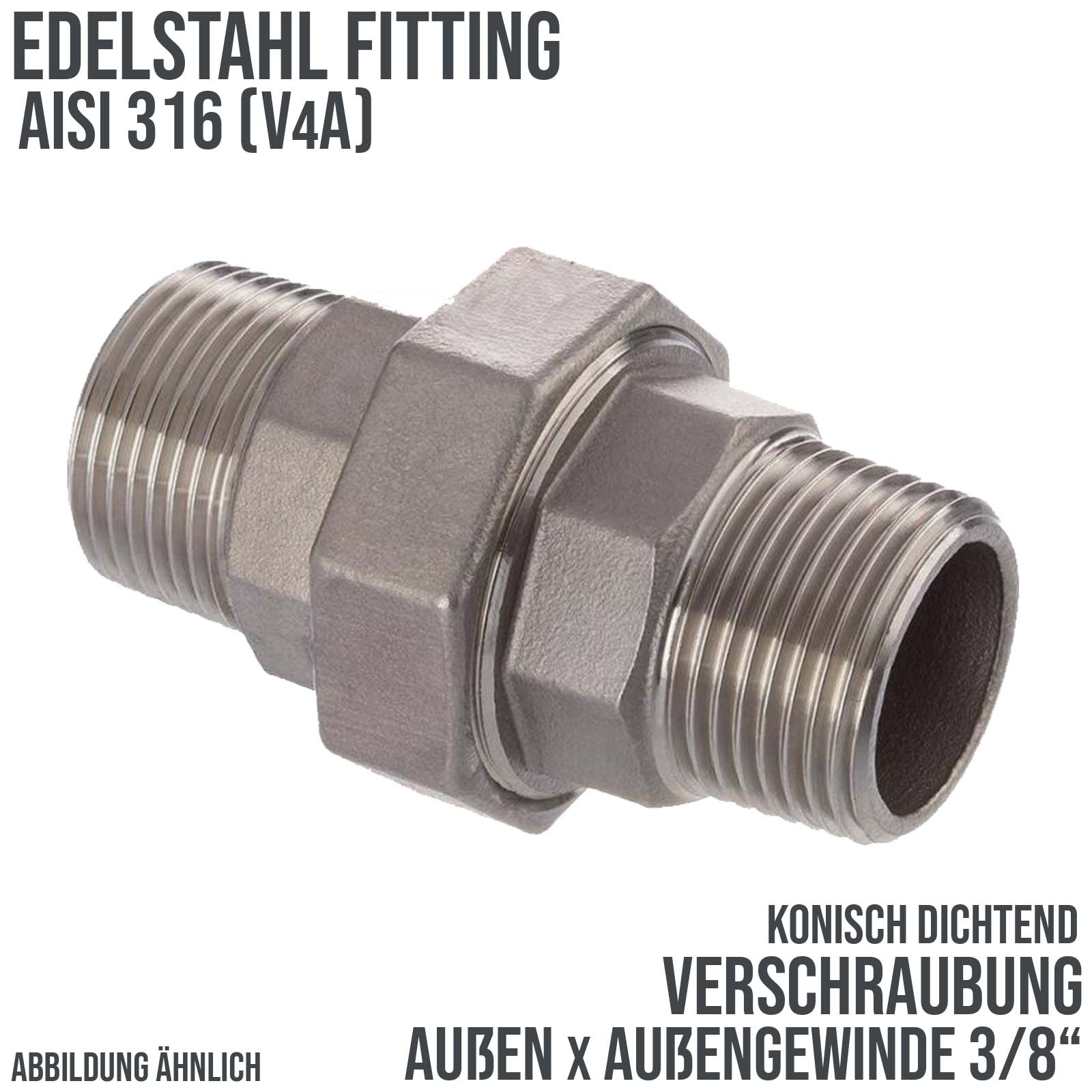3/8" Edelstahl Fitting V4A AISI 316 Verschraubung Außen x Außengewinde AG konisch dichtend - PN 16 bar