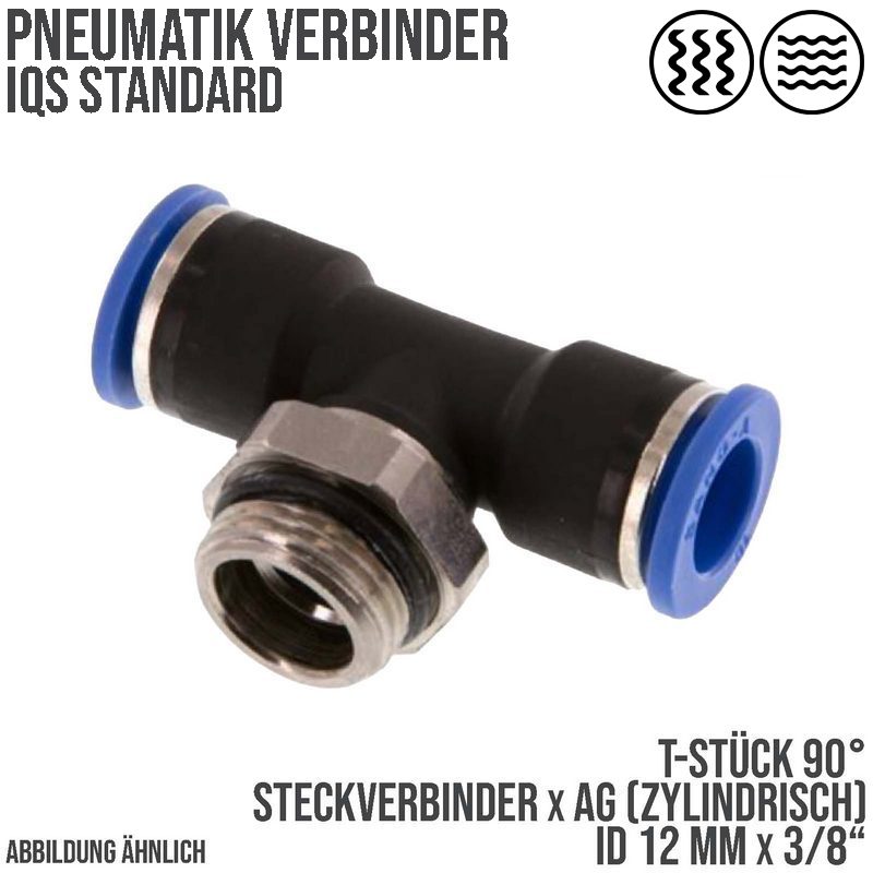 12 mm x 3/8" Pneumatik Steck Verbinder T-Stück 90° IQS Außengewinde zylindrisch - PN 20 bar