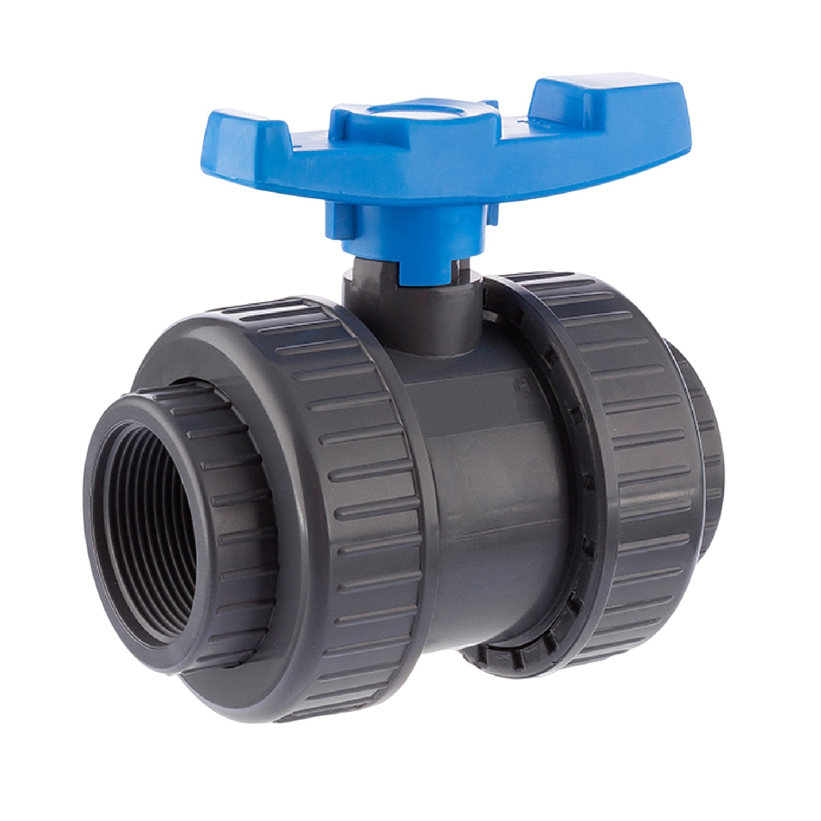 1 1/4" PVC Kugel Absperr Hahn Ventill beitseitiges Innengewinde PN 10 bar - blauer Griff