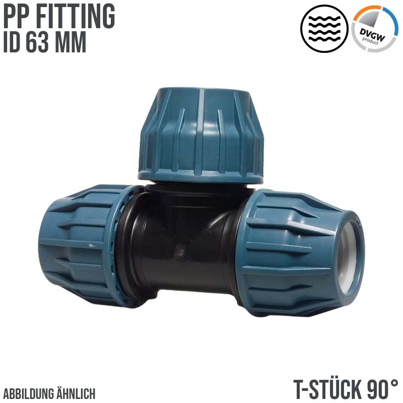 63 mm PE PP Fitting Klemm Verbinder Verschraubung Muffe Rohr T-Stück 90° DVGW - PN 16 bar