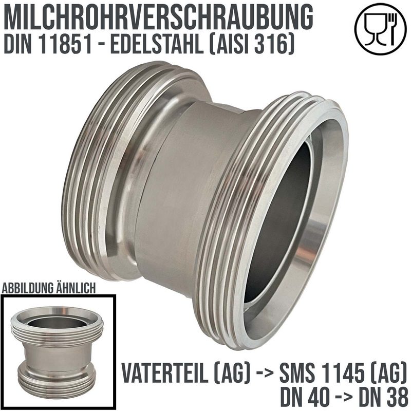 DN 40 Milchrohr Verschraubung DIN 11851 Übergang Adapter Vaterteil Außengewinde -> SMS 1145 Vaterteil DN 38 - PN 25 bar