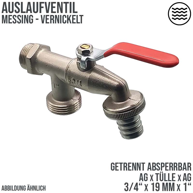 3/4" Messing Auslauf Ventil Hahn 2-fach Auslass AG 1" 19 mm Tülle PN 10 bar
