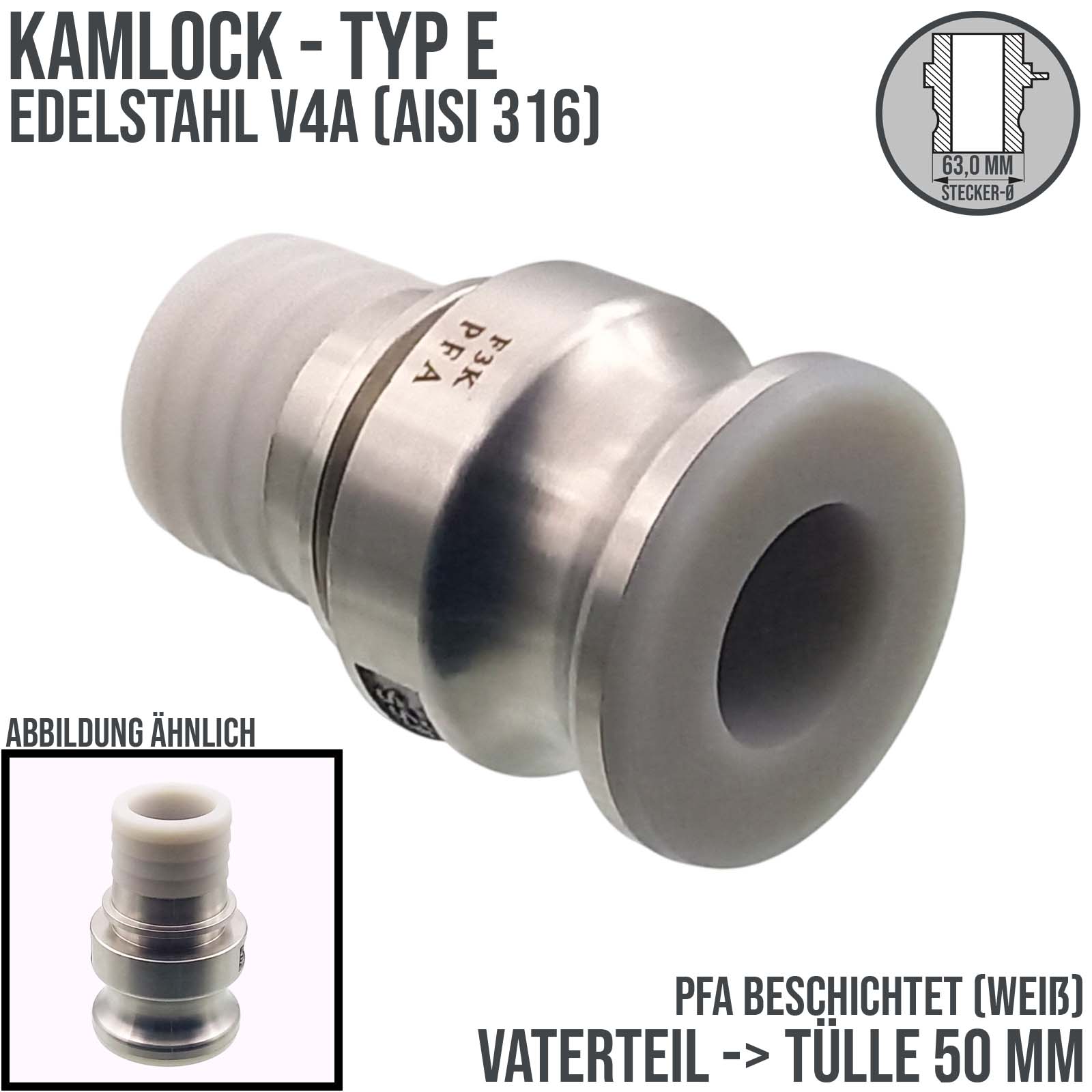 Kamlock Typ E - Vaterteil (63,0 mm) Edelstahl V2A (AISI 316) -> gerillter Stutzen DN 50 mm PFA beschichtet - PN 25 bar
