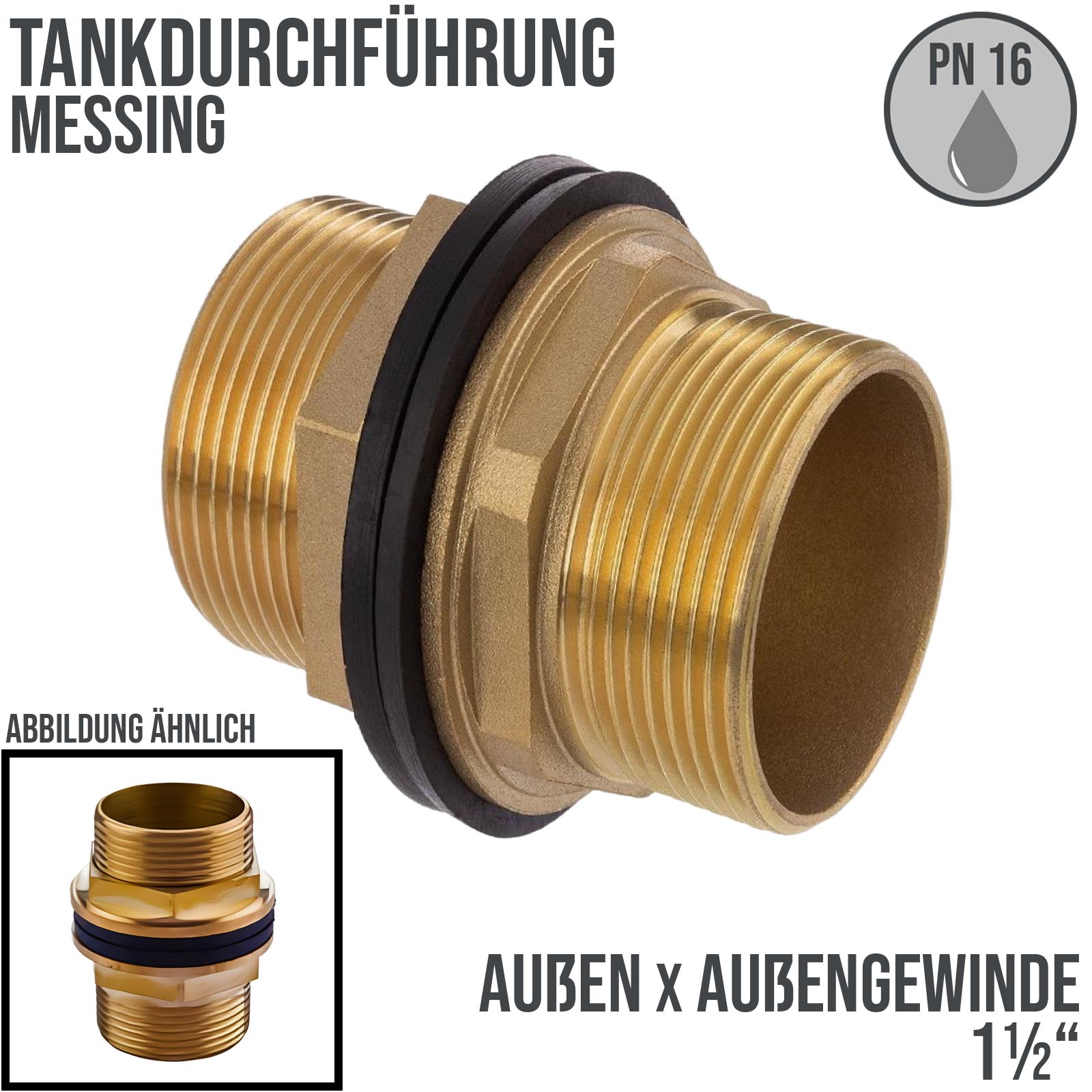 1 1/2" Tank Regen Tonnen Durchführung Connector Messing 2-fach Außengewinde  - PN 16 bar
