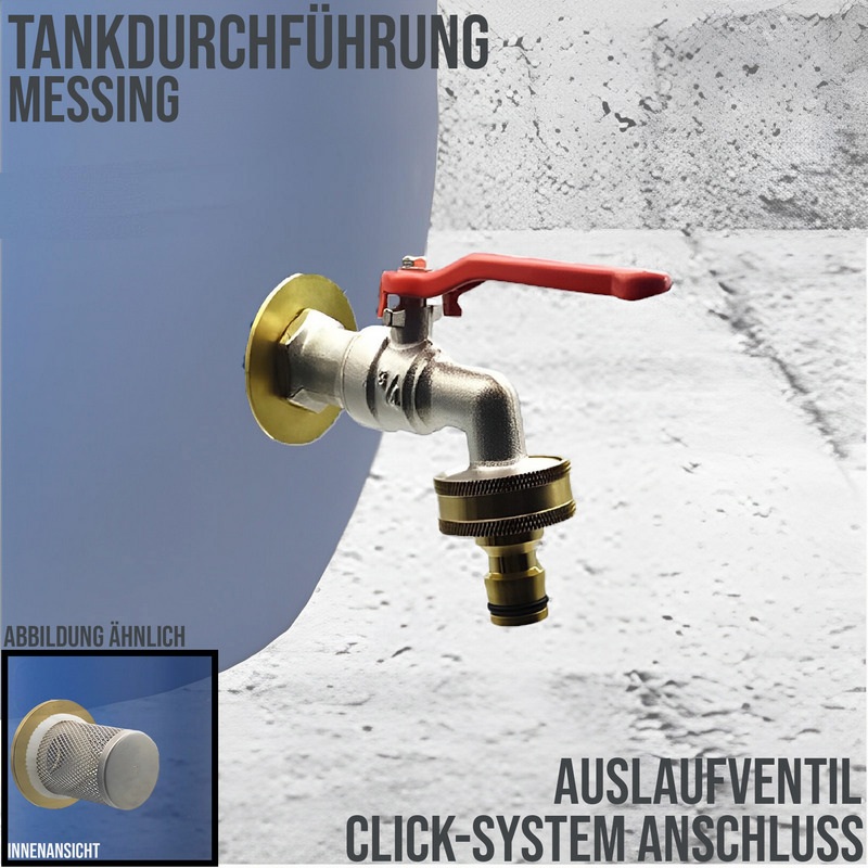 Tank Regen Tonnen Durchführung Messing Auslaufventil Wasserhahn Click-System - Anschuss Set PN 10 bar