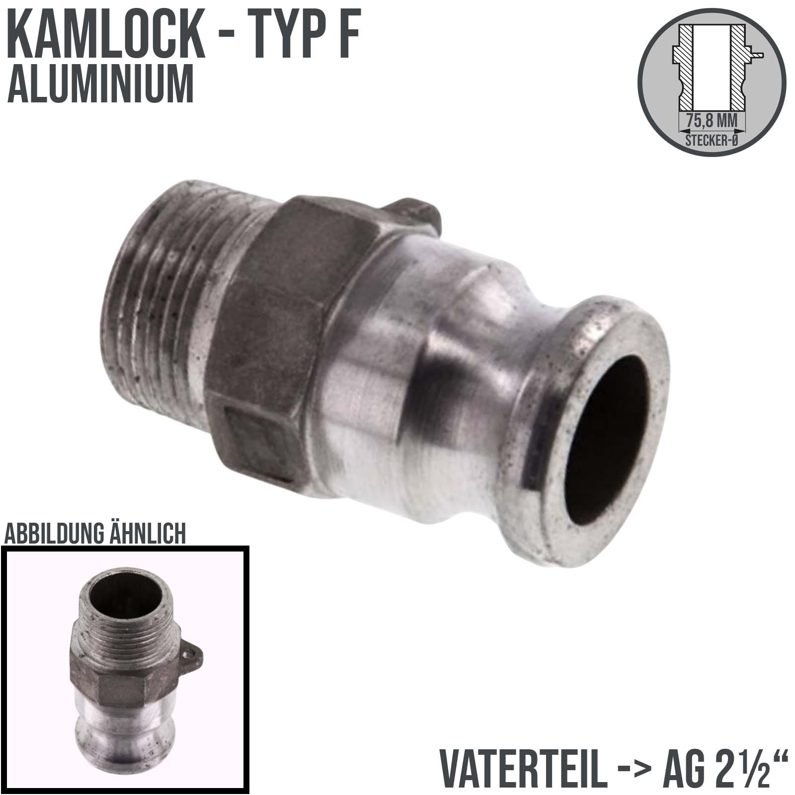 Kamlock Typ F - Vaterteil Aluminium - 75,8 mm Stecker mit Außengewinde (AG) 2 1/2" Zoll DN 63 DN 65 - PN 10 bar
