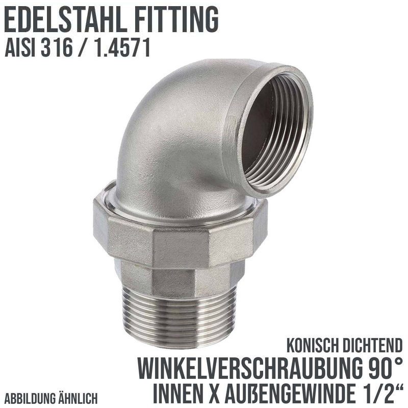 1/2" Edelstahl Fitting V4A AISI 316 Winkelverschraubung 90° Innen x Außengewinde IG x AG konisch dichtend - PN 16 bar
