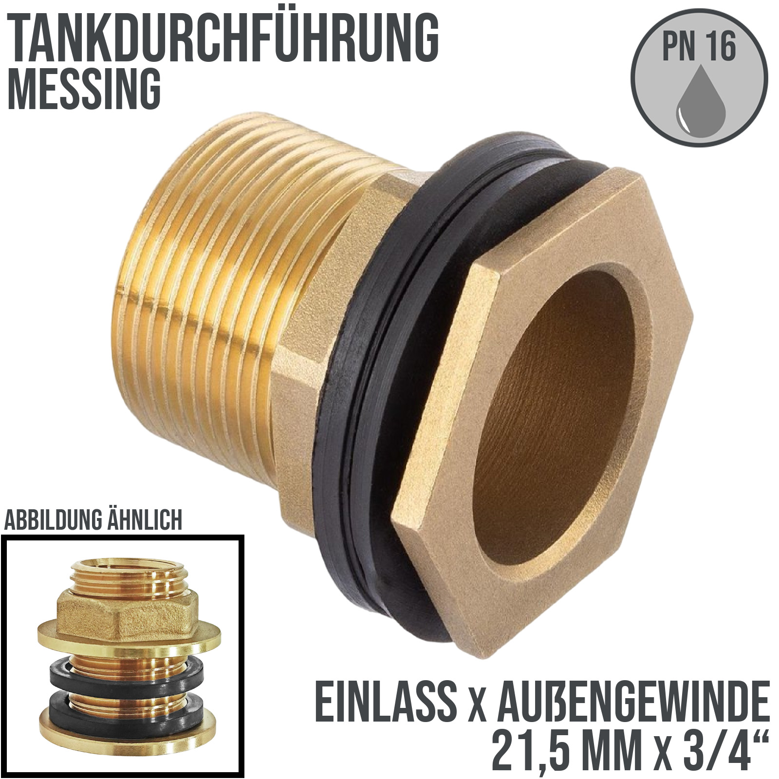 3/4" Tank Regen Tonnen Durchführung Connector Messing Einlass x Außengewinde  - PN 16 bar
