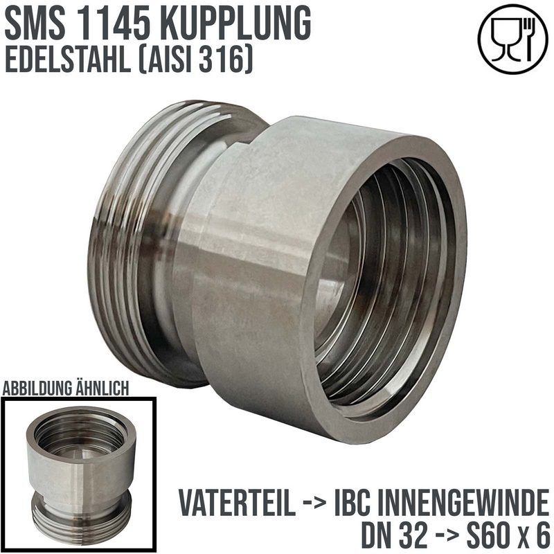 DN 32 SMS Kupplung 1145 Übergang Adapter Vaterteil Außengewinde -> IBC S60 x 6 Innengewinde - PN 16 bar