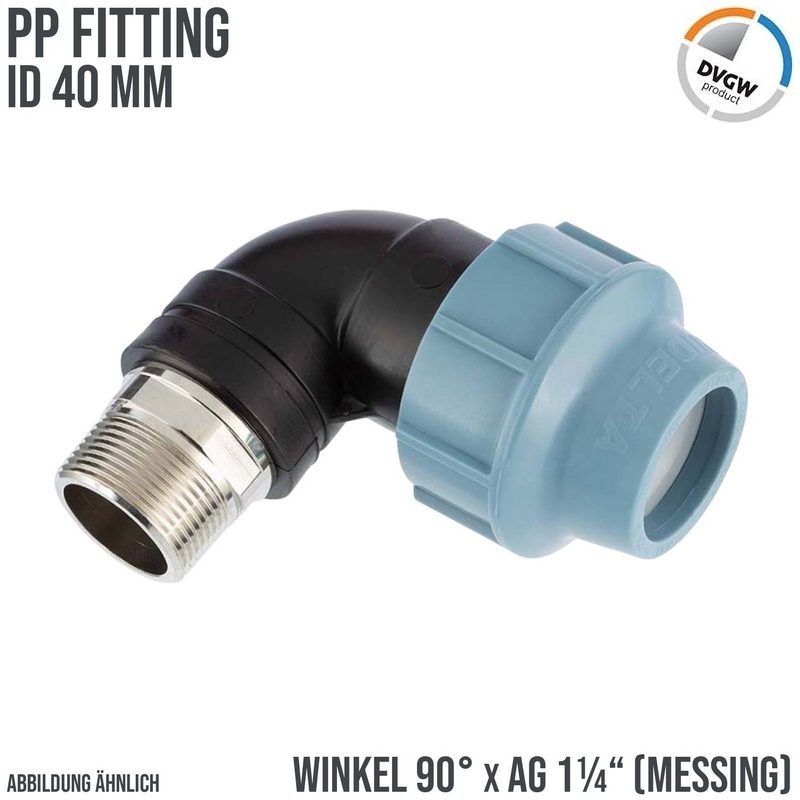 40 mm x 1 1/4" PE PP Fitting Klemm Verbinder Rohr Winkel 90° x Messing AG DVGW - Unidelta