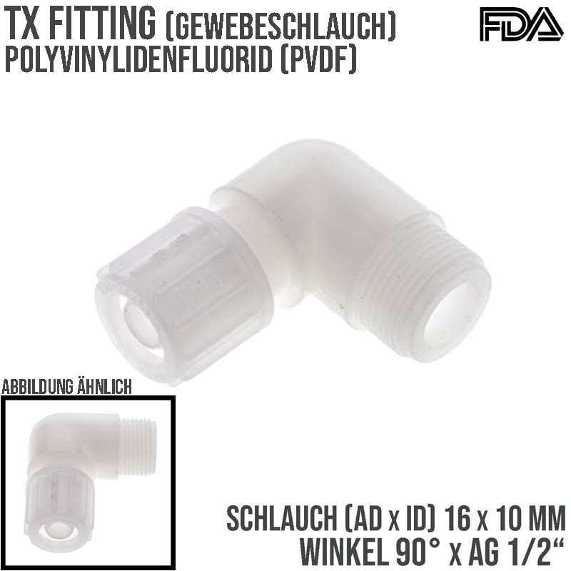 16 x 10 mm x 1/2" Winkel 90° Außengewinde TX Fitting Gewebe Schlauch Verbinder FDA PVDF weiß - PN 10 bar