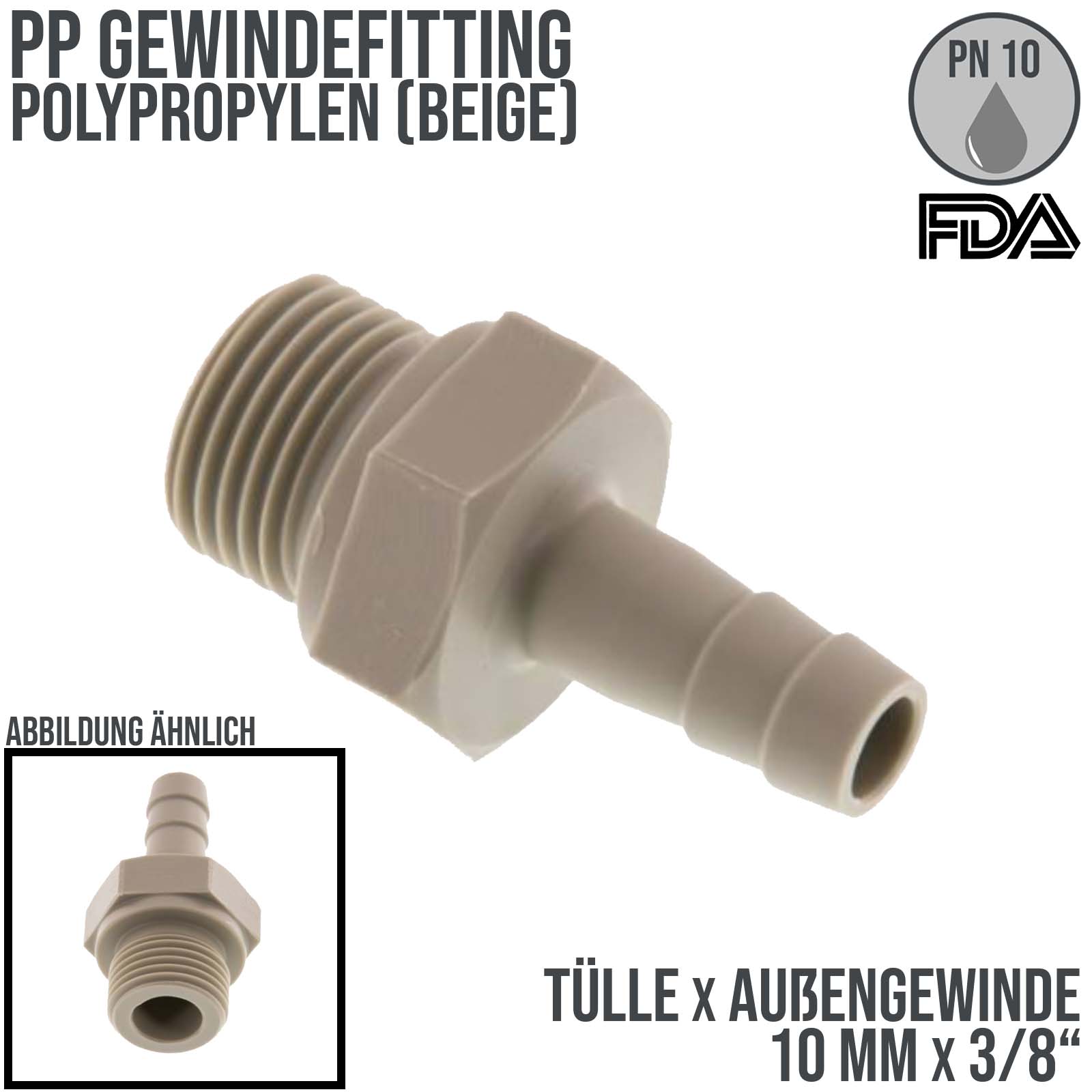 PP Gewindefitting (FDA)| Schlauchtülle x AG -  10mm x 3/8" [PN10]