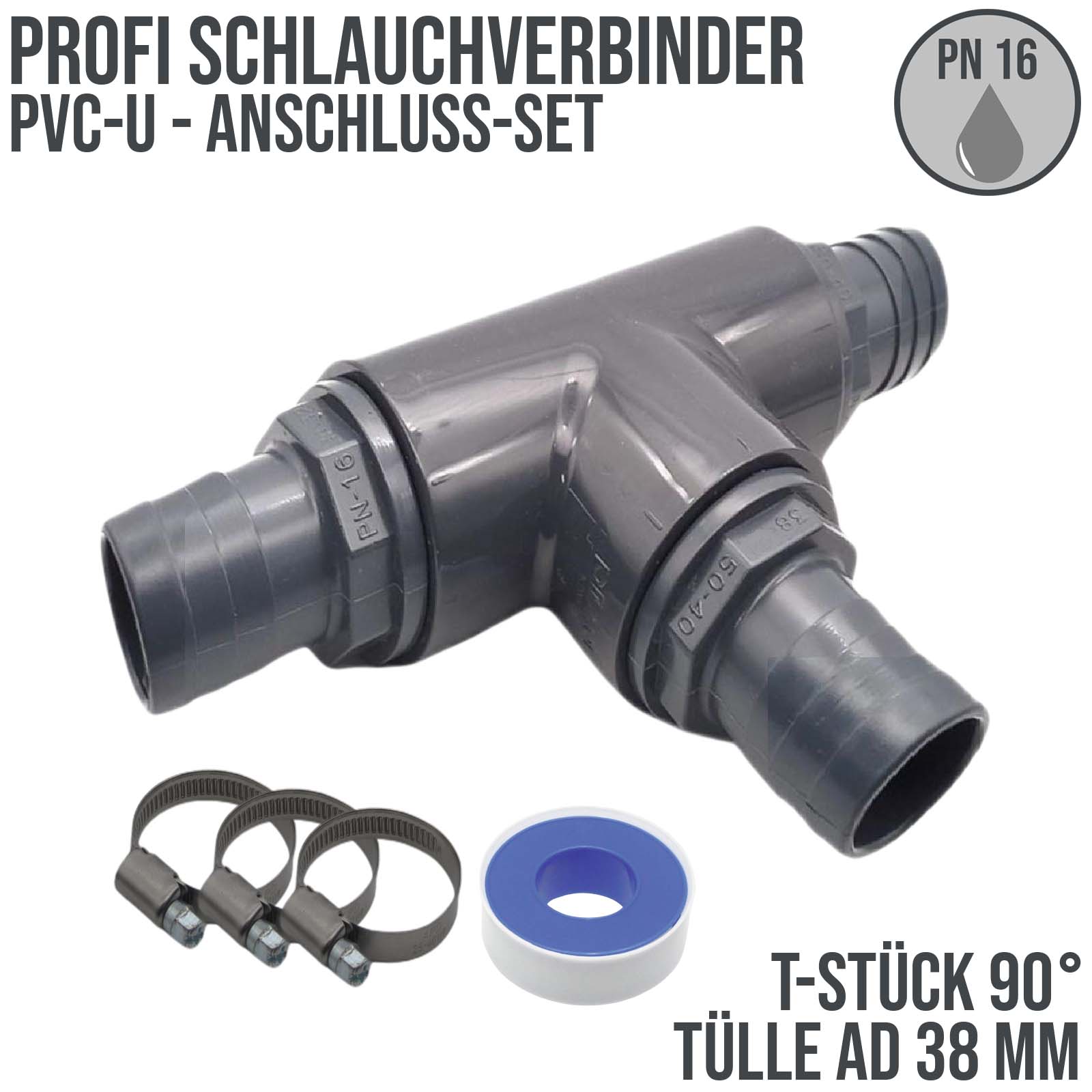 38 mm PVC PROFI T-Stück 90° Schlauch Verbinder Stutzen Tülle Pool Teich Garten - PN 10 bar - Montage-Set