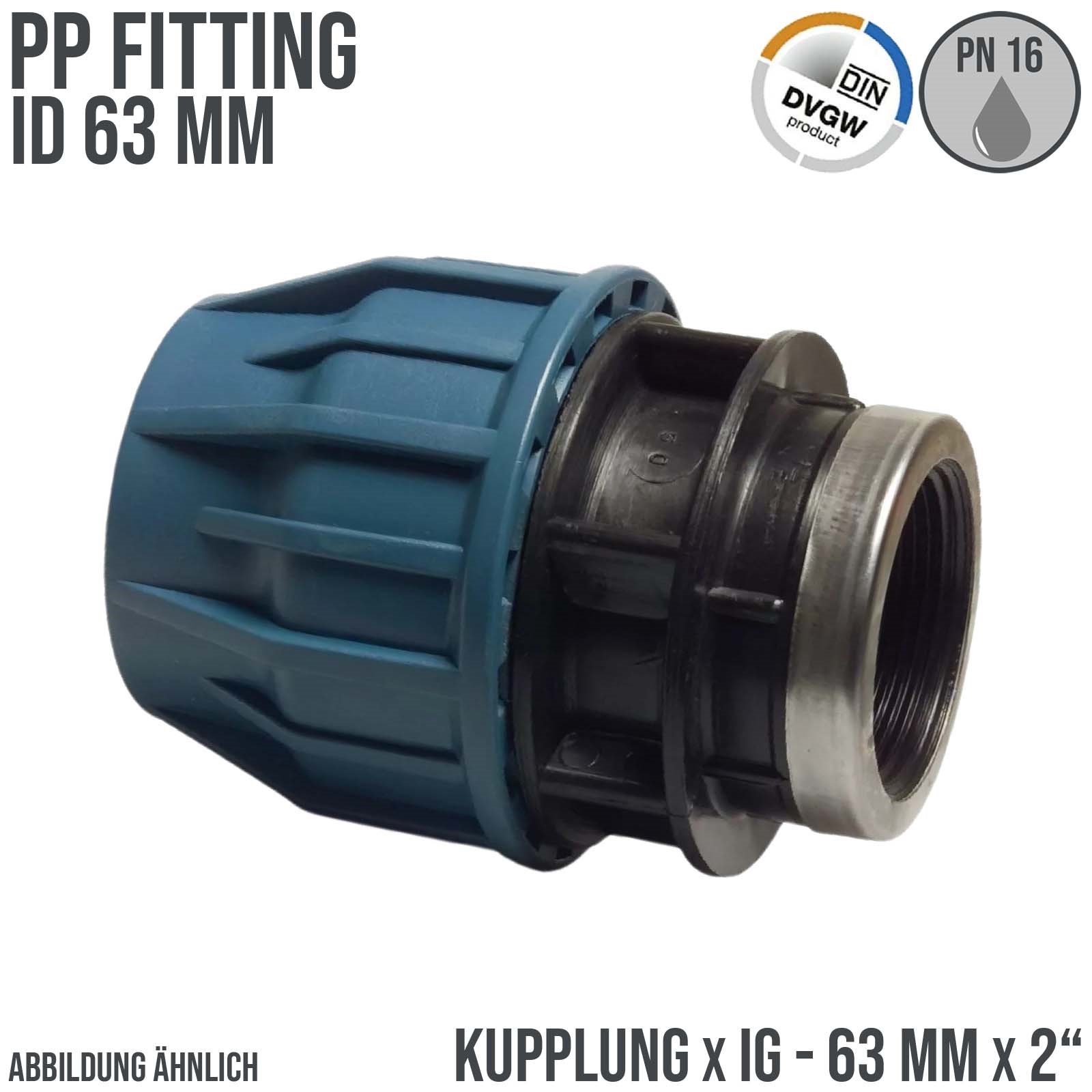 63 mm x 2" PE PP Fitting Klemm Verbinder Verschraubung Muffe Rohr Kupplung x IG DVGW - PN 16 bar