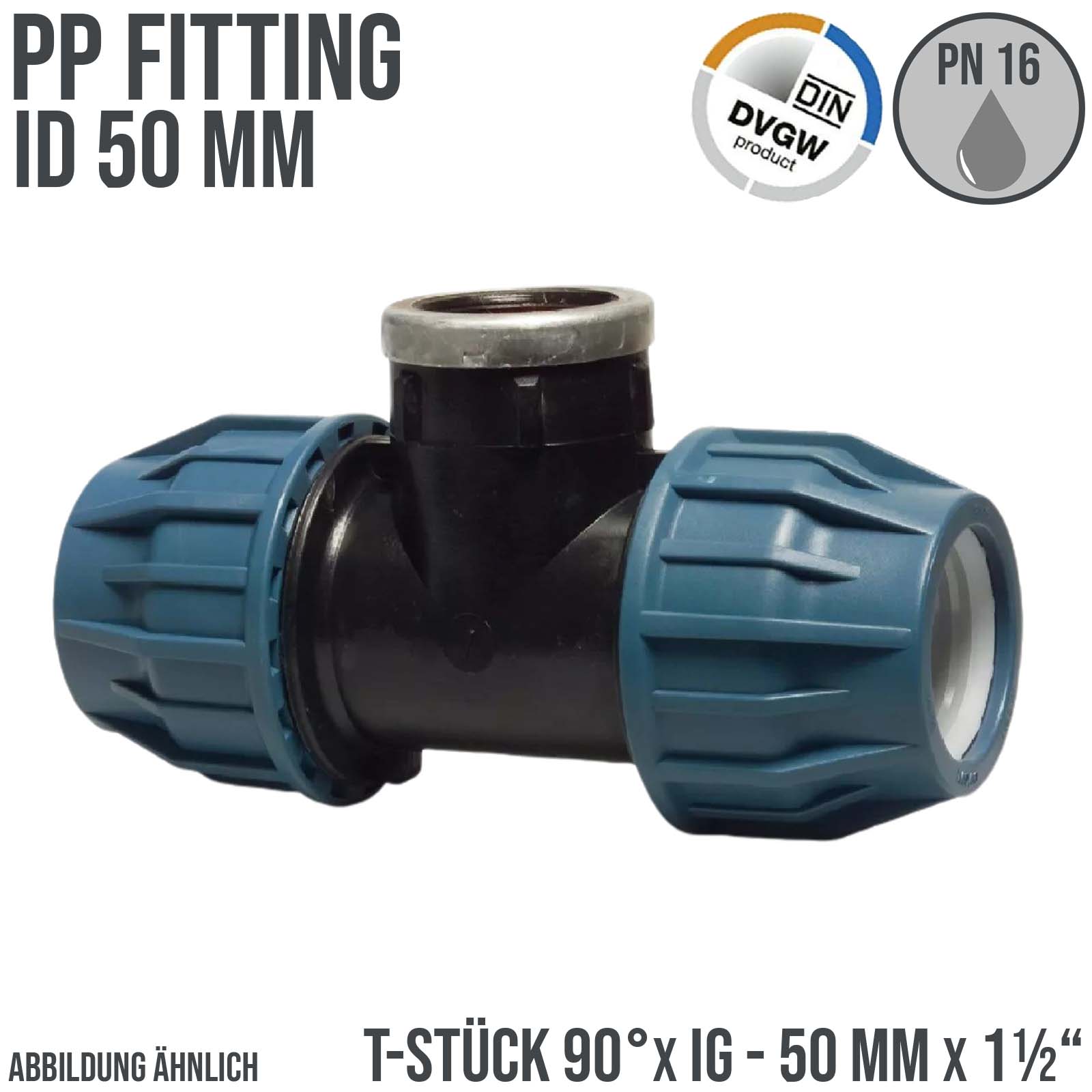 50 mm x 1 1/2" PE PP Fitting Klemm Verbinder Verschraubung Rohr T-Stück 90° x IG DVGW - PN 16 bar 