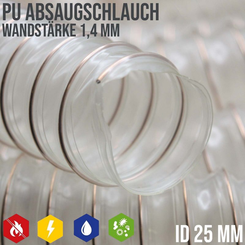 25 mm PU Saug Ansaug Druck Spiral Flex Staub Holz Metall Späne Schlauch Anlage - Wandstärke 1,4 mm - PN 3,75 bar