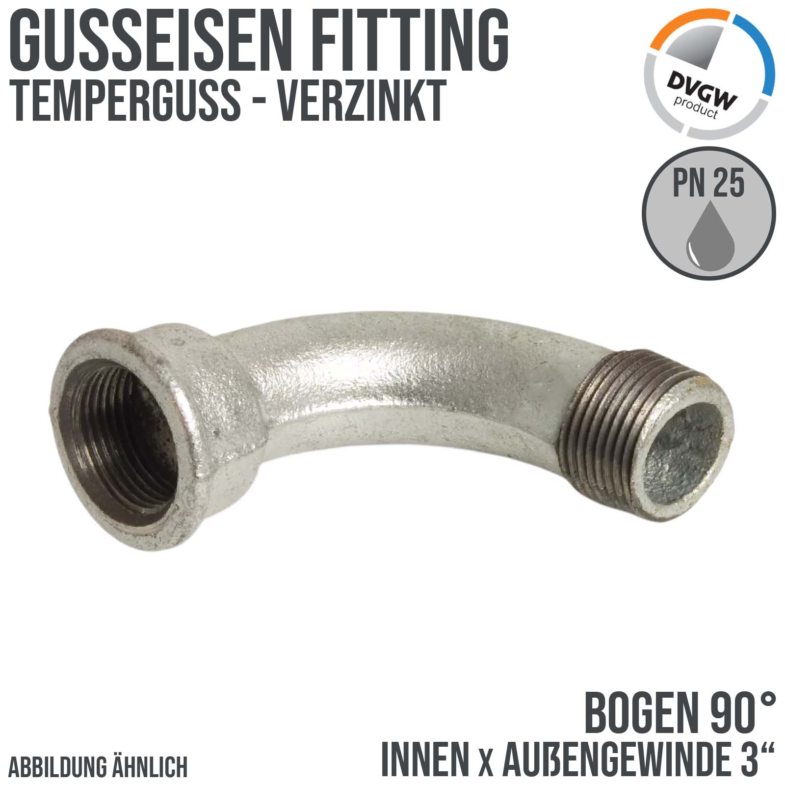 3" Gusseisen Temperguss Fitting Nr. 1 Bogen 90° Innen x Außengewinde IG x AGDVGW PN 25 bar