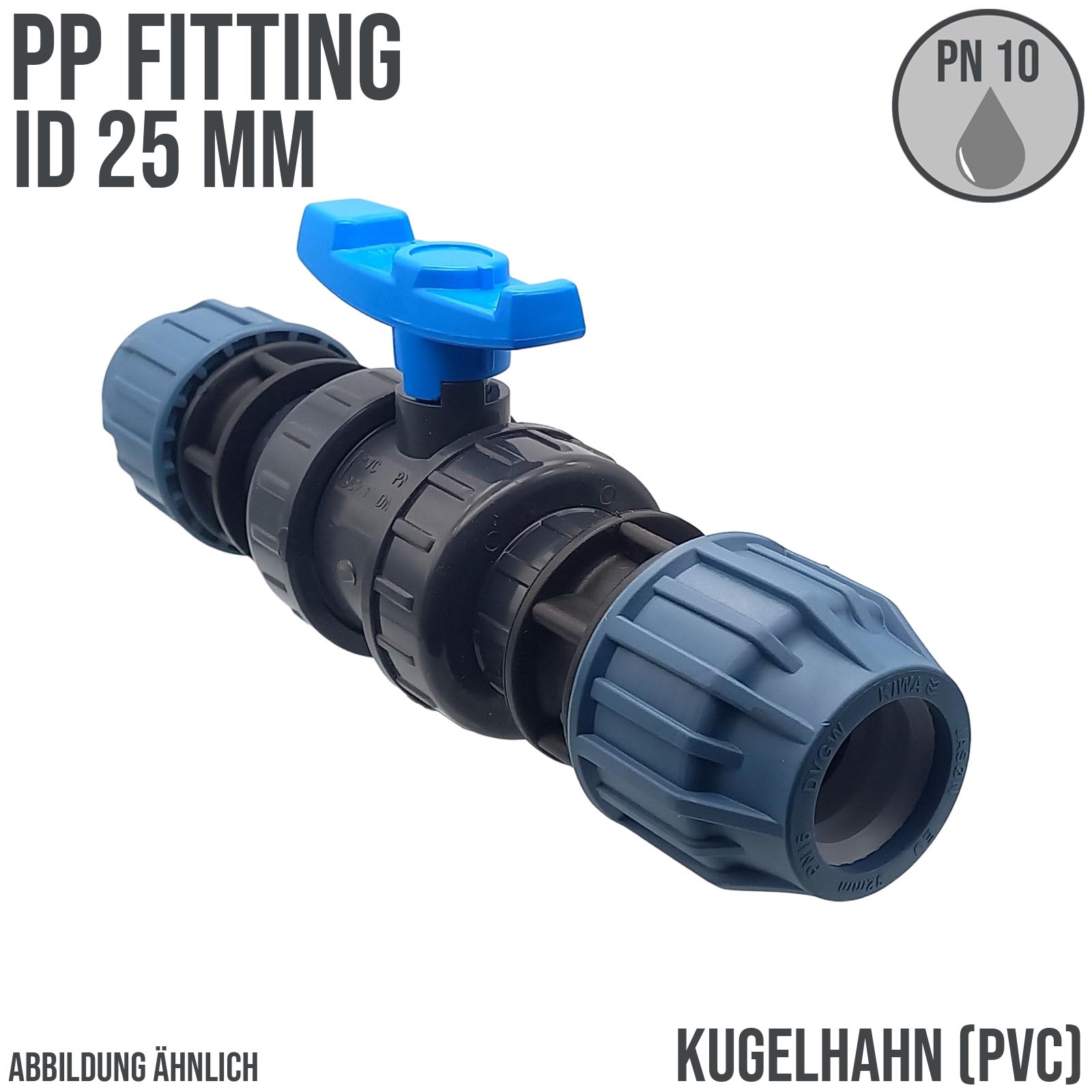 25 mm PE PP Fitting Klemm Verbinder Verschraubung Kugelhahn (blau) mit 2-fach Muffe