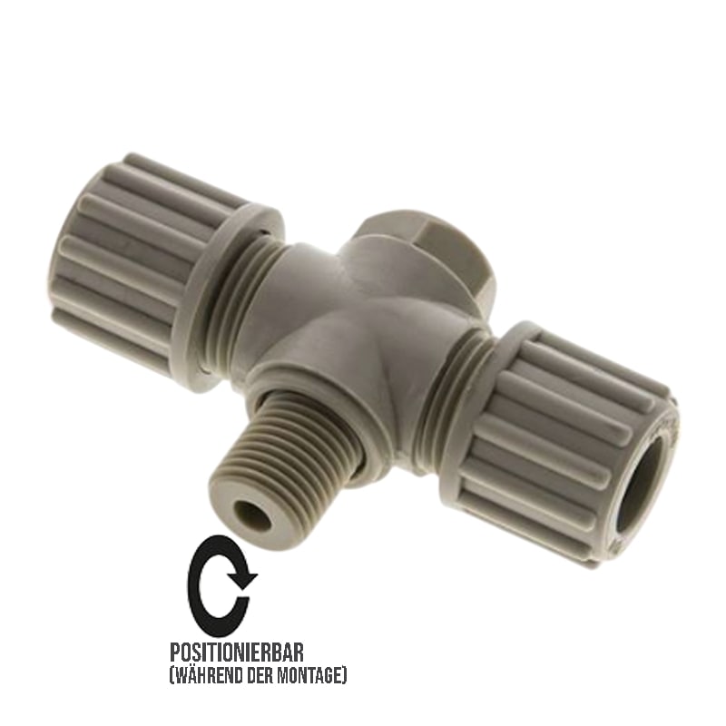 6 x 4 mm x 1/8" T-Stück 90° Kupplung Aussengewinde PA PP Schlauch Verbinder FDA drehbar - PN 10 bar