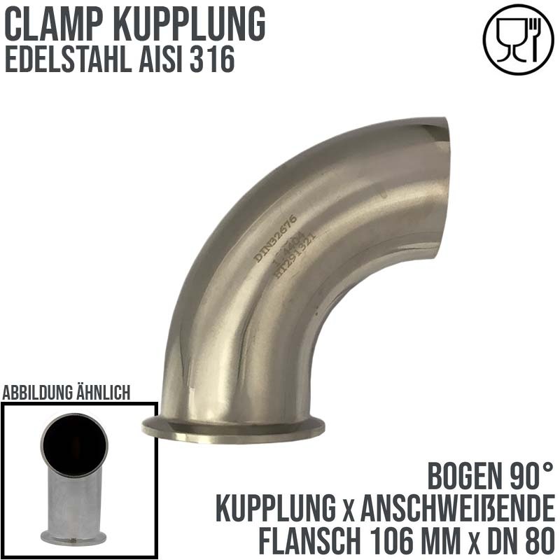 CLAMP Kupplung Bogen 90° 106 mm DIN 32676 Flansch Teller Anschweissende DN 80  3" - PN 16 bar