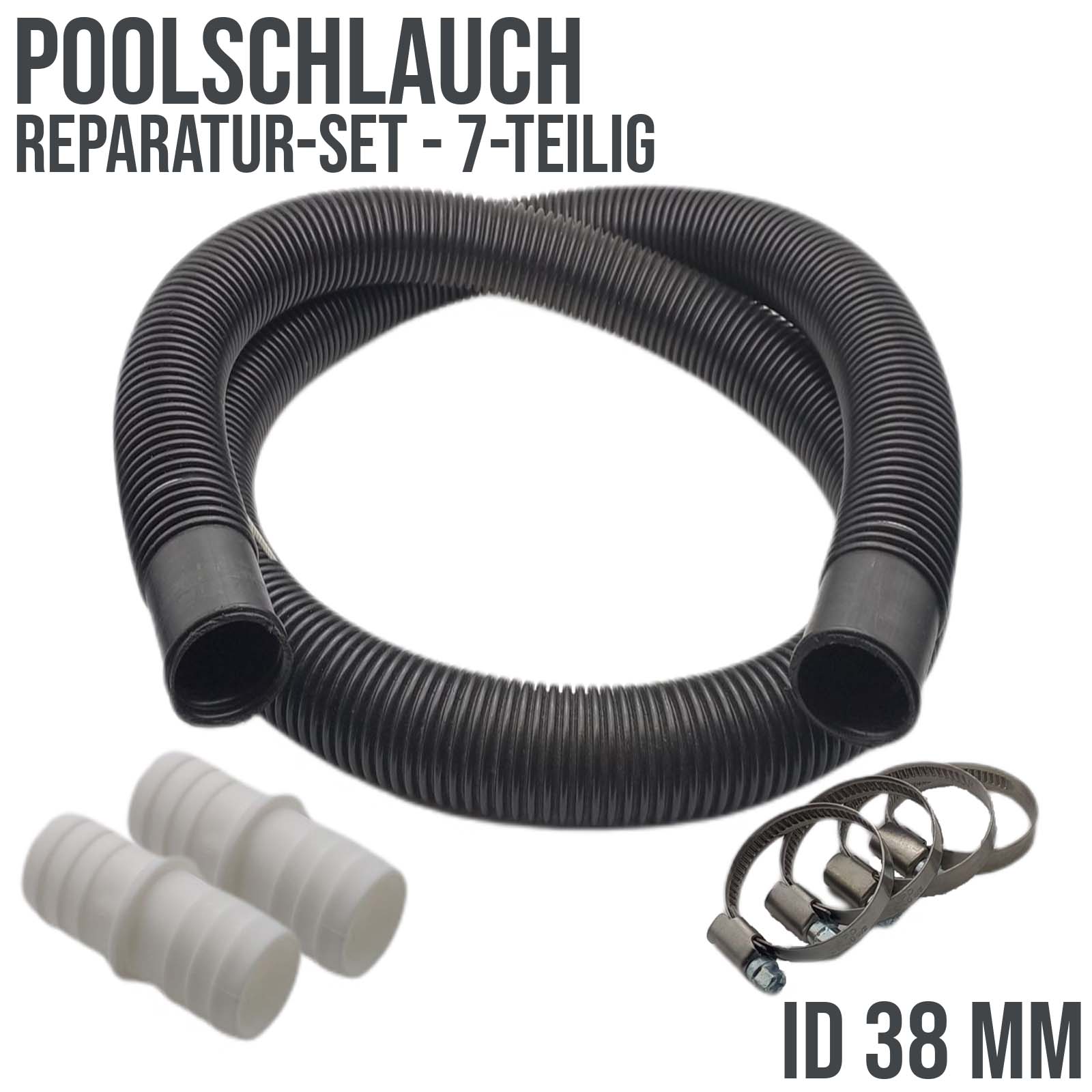 Poolschlauch Reparatur Set schwarz Schwimmbad Pool Verlängerung 38 mm - 7-teilig