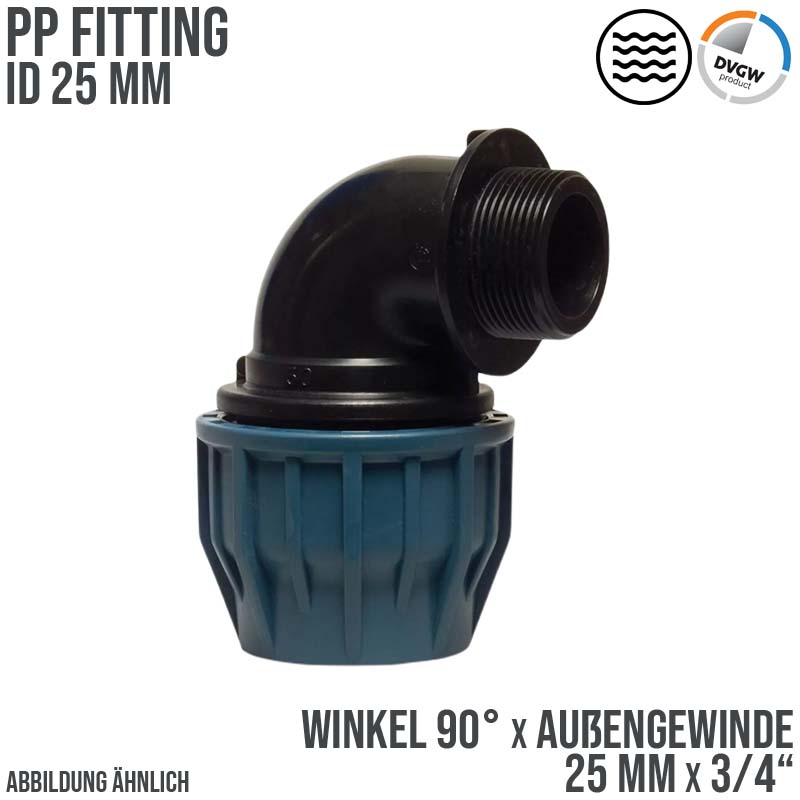 25 mm x 3/4" PE PP Fitting Klemm Verbinder Verschraubung Rohr Winkel 90° x AG DVGW - PN 16 bar