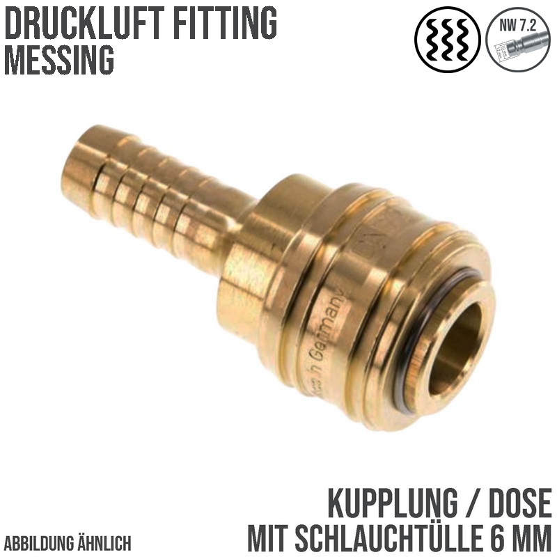 6 mm Druckluft Kupplung Dose Schnell Schlauch Tülle Messing NW 7,2 LW - PN 35 bar