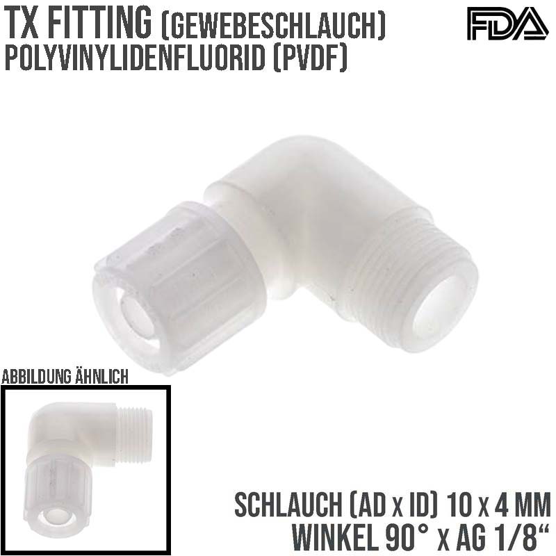 10 x 4 mm x 1/8" Winkel 90° Außengewinde TX Fitting Gewebe Schlauch Verbinder FDA PVDF weiß - PN 10 bar