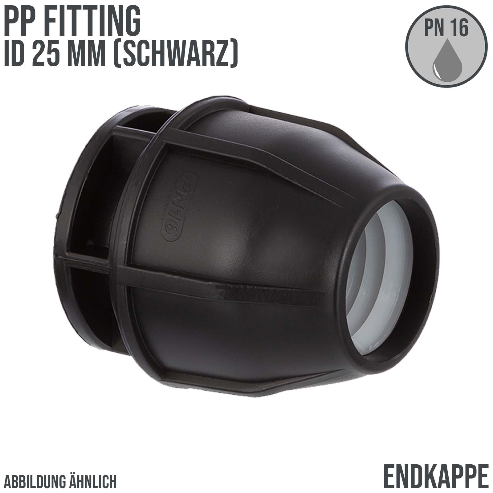 25 mm PE PP Fitting Klemm Verbinder Kappe Endkappe Endstück Muffe Verbinder  schwarz - PN 16 bar