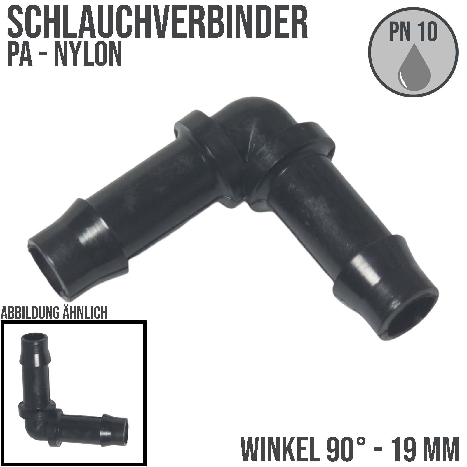 19 mm PA Nylon Winkel 90° Schlauch Verbinder Stutzen Doppel Tülle Kupplung Fitting WF schwarz PN 10 bar