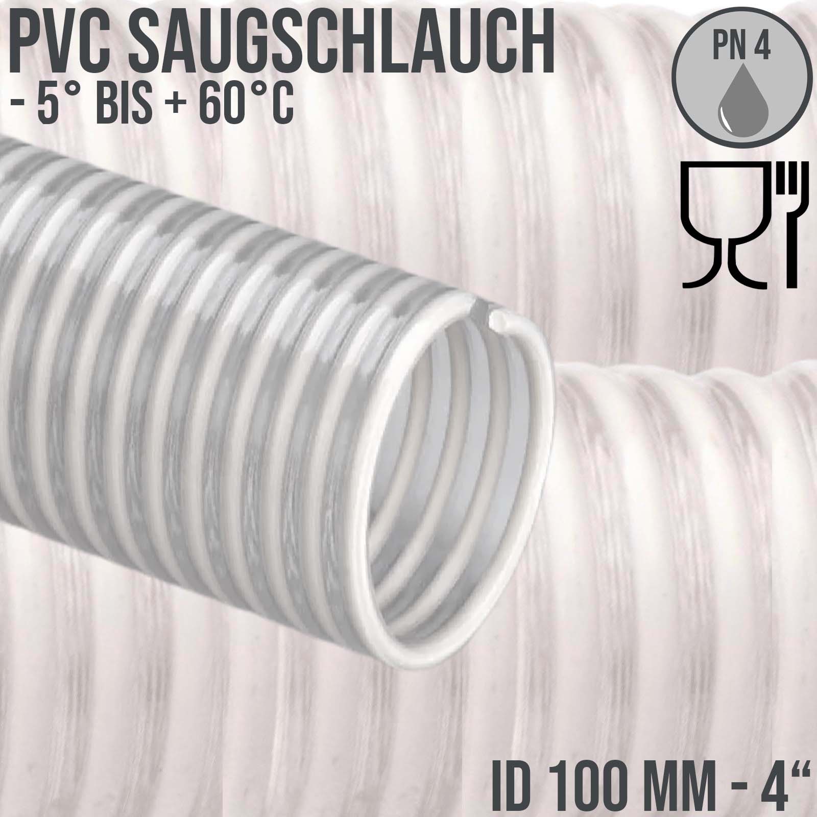 100 mm 4" Zoll Saug Ansaug Spiral Förder Pumpen Schlauch Lebensmittel Saatgut weiß PN 4 bar