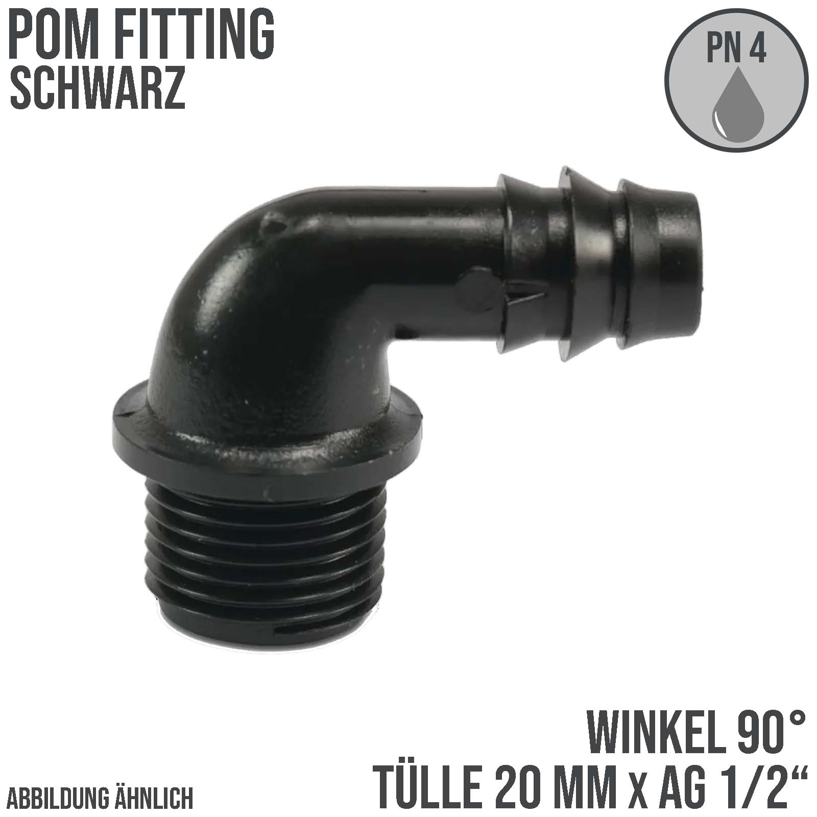 20 mm x 1/2" POM Winkel 90° Schlauch Verbinder Stutzen Tülle Außen Gewinde AG Tropf Fitting schwarz PN 6 bar