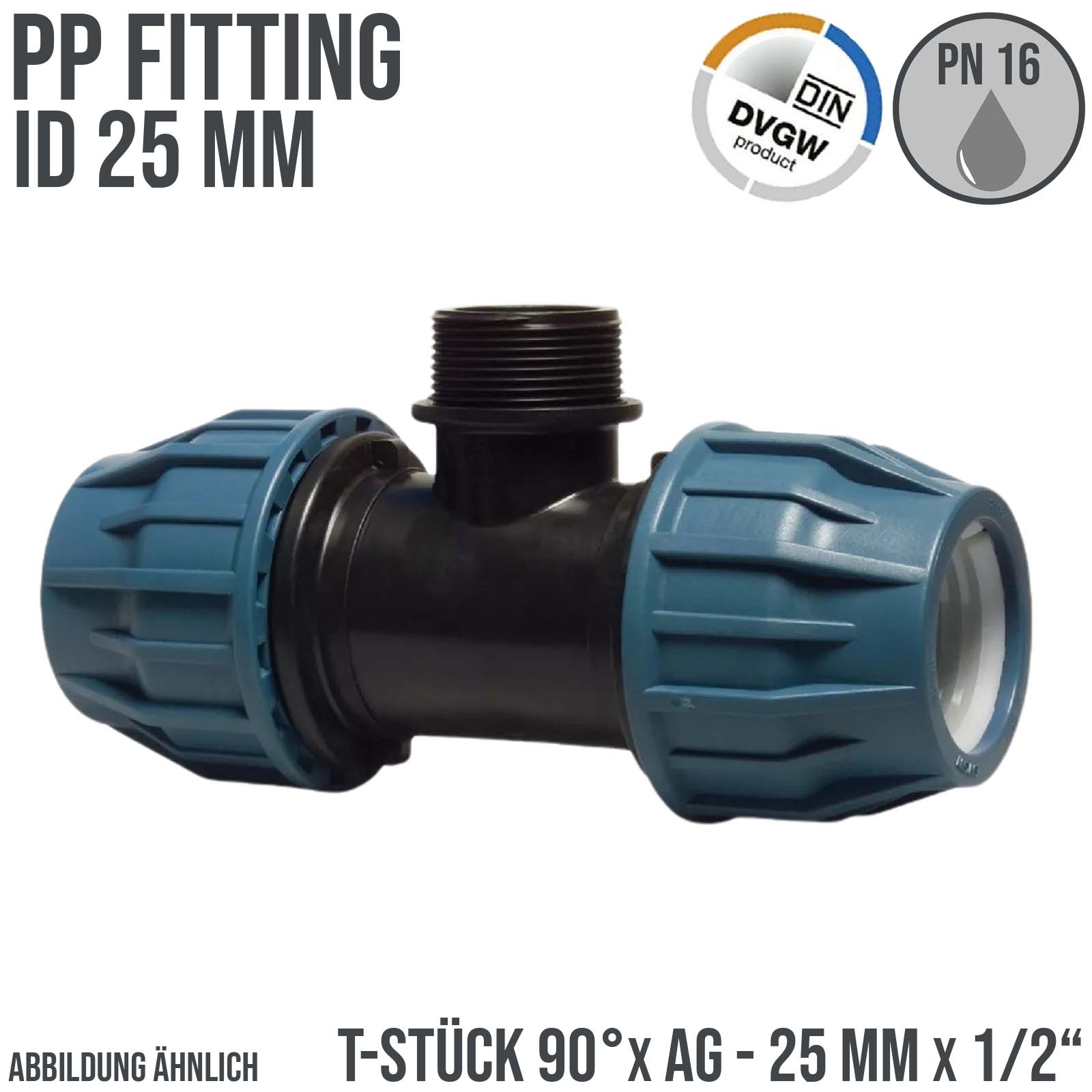 25 mm x 1/2" PE PP Fitting Klemm Verbinder Verschraubung Rohr T-Stück 90° x AG DVGW - PN 16 bar 