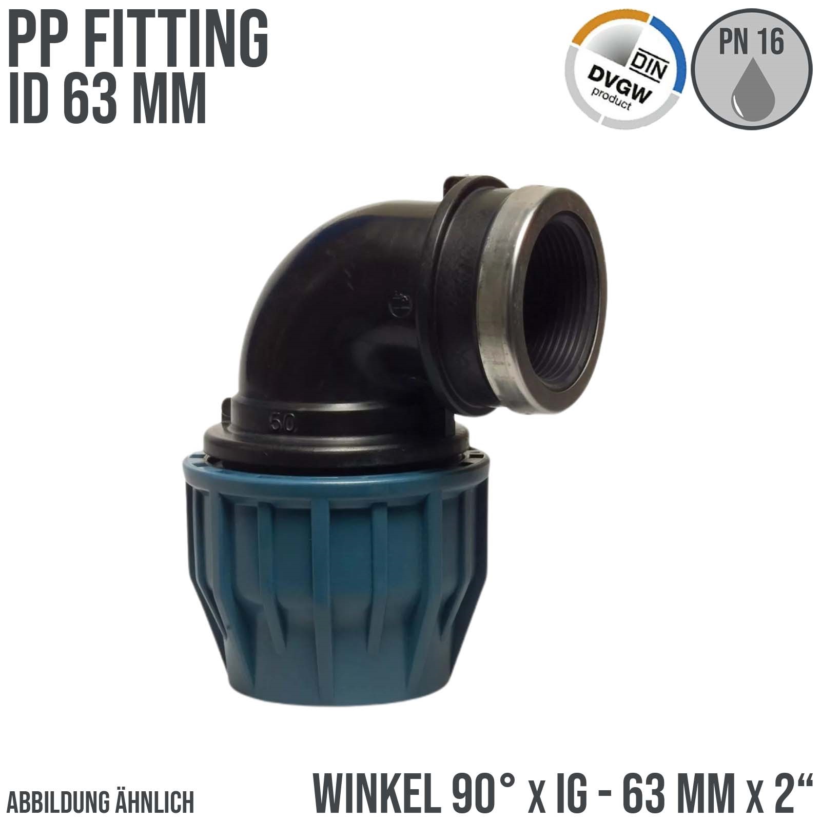 63 mm x 2" PE PP Fitting Klemm Verbinder Verschraubung Rohr Winkel 90° x IG DVGW - PN 16 bar 