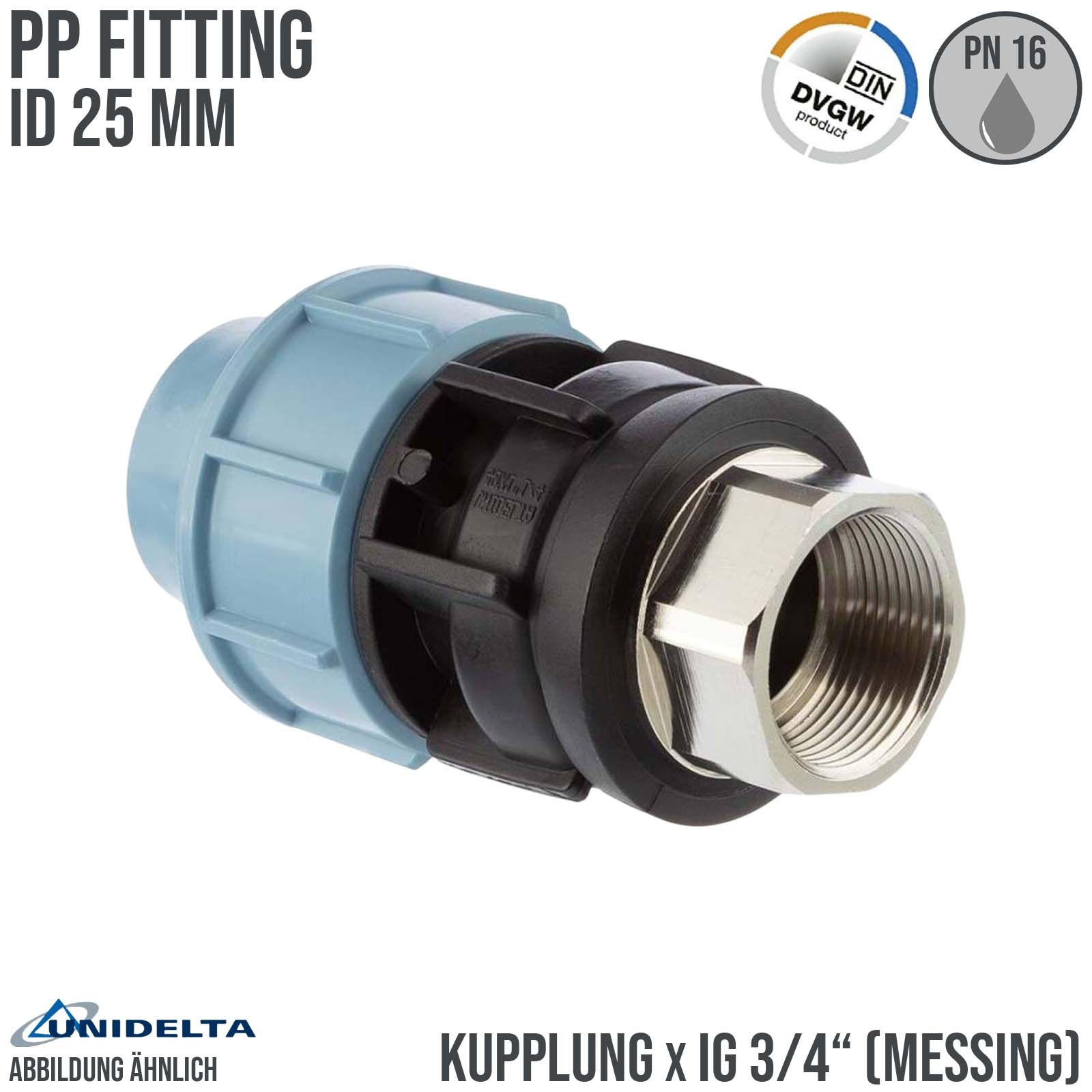 25 mm x 3/4" PE PP Fitting Klemm Verbinder Muffe Rohr Kupplung x Messing IG DVGW - Unidelta
