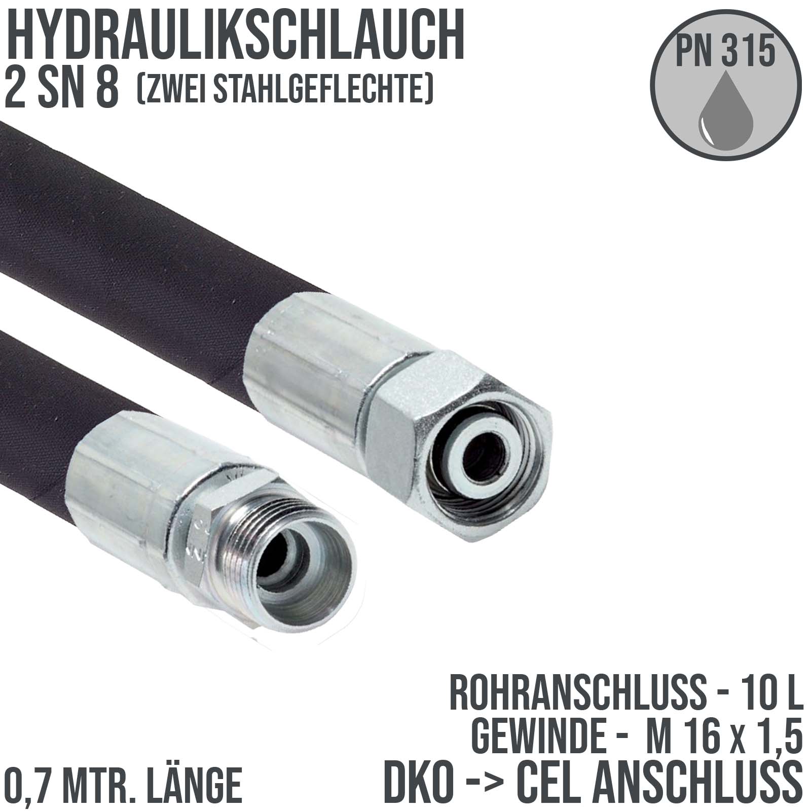 Hydraulikschlauch 2 SN 8 - 10 L DKO (IG) auf CEL (AG) Anschluss (M 16 x 1,5) - 700 mm