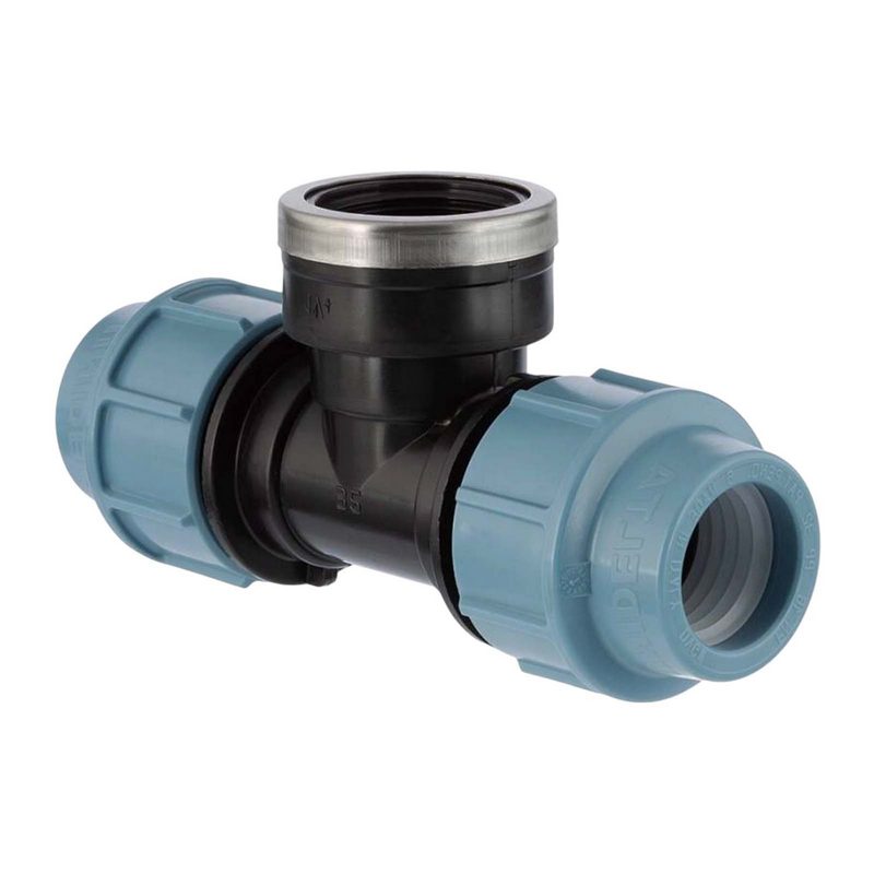 50 mm x 1 1/4" PE PP Fitting Klemm Verbinder Verschraubung Rohr T-Stück 90° x IG DVGW - Unidelta