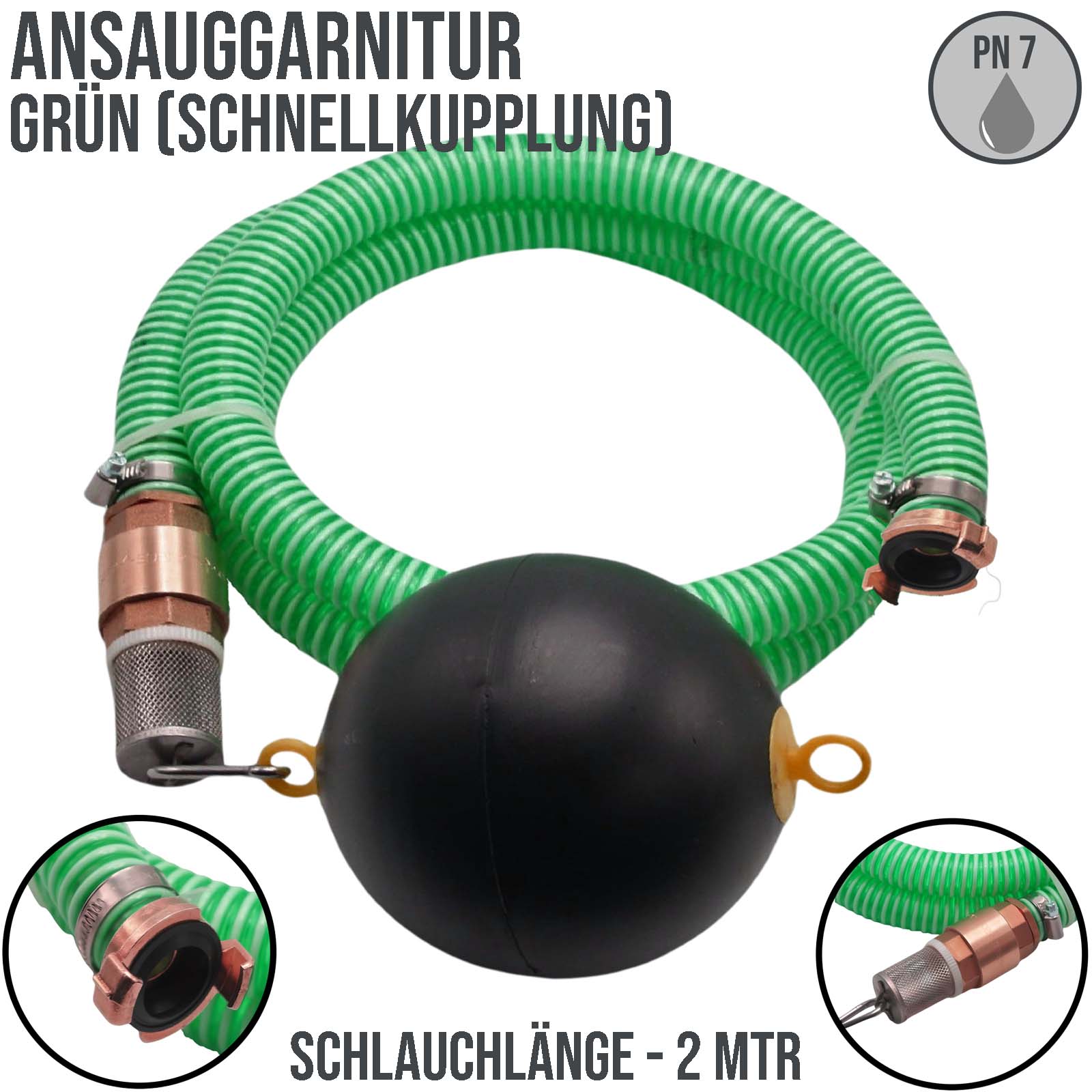 32 mm 1 1/4" Zoll Ansaug Saug Schlauch Pumpen Garnitur schwimmende Entnahme Schnellkupplung grün - 2 m
