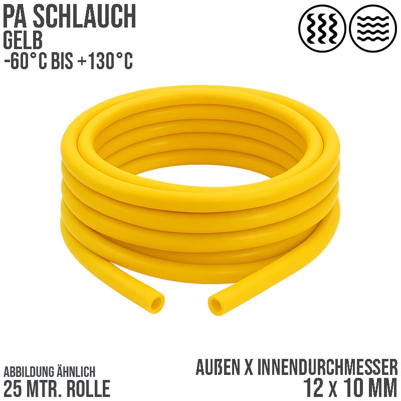 12 x 10 mm Polyamid PA Pneumatik Schlauch gelb - PN 12 bar - 25 m
