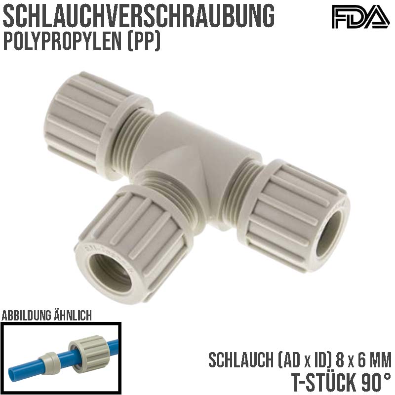 8 x 4 mm T-Stück 90° Kupplung PA PP Schlauch Verschraubung Verbinder FDA - PN 10 bar