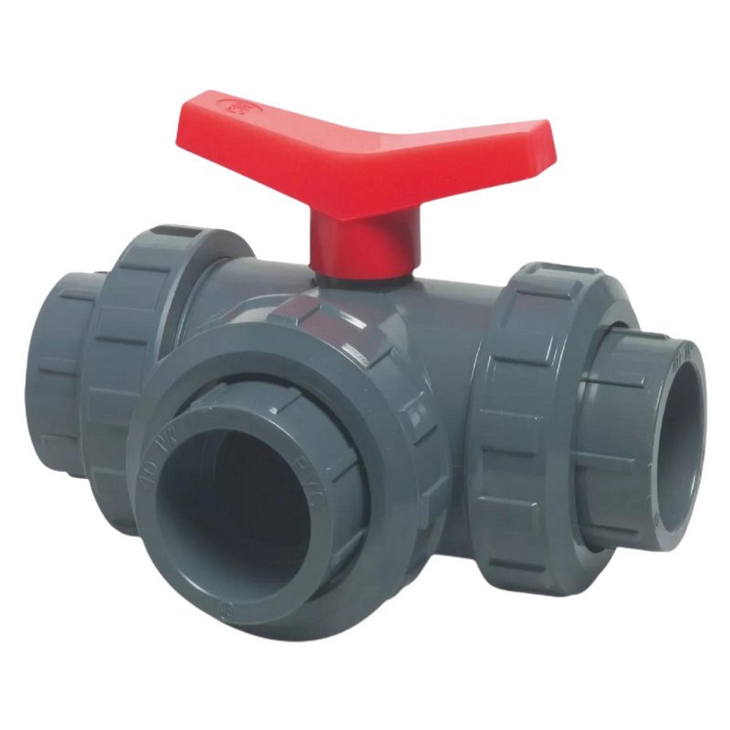 40 mm PVC Kugel Absperr Hahn Ventil T-Bohrung 3-fach Klebemuffe Fitting PN 10 bar - roter Griff