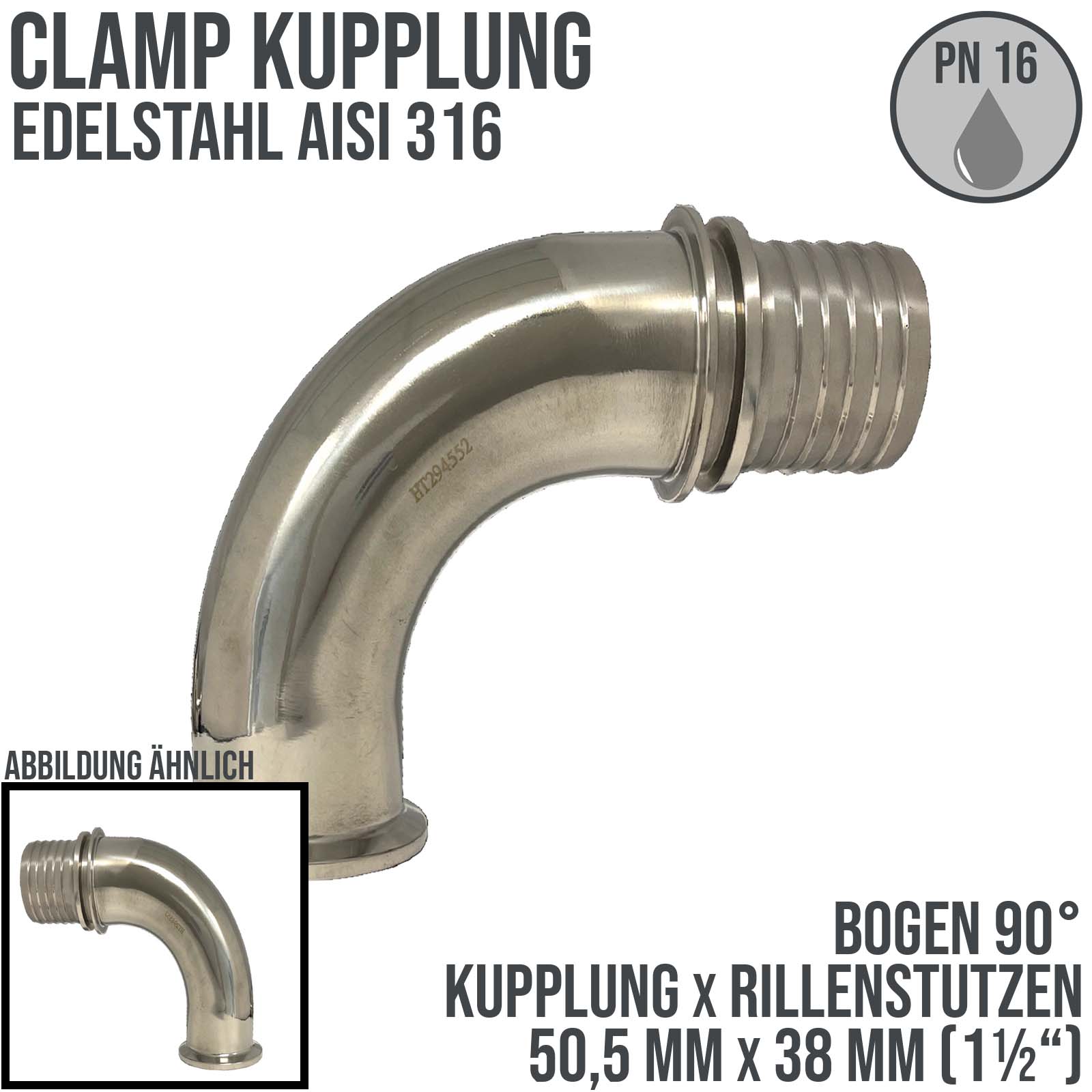 CLAMP Kupplung 90° Bogen 50,5 mm Schlauch Stutzen Tülle Rillen 38 mm 1 1/2" - PN 16 bar